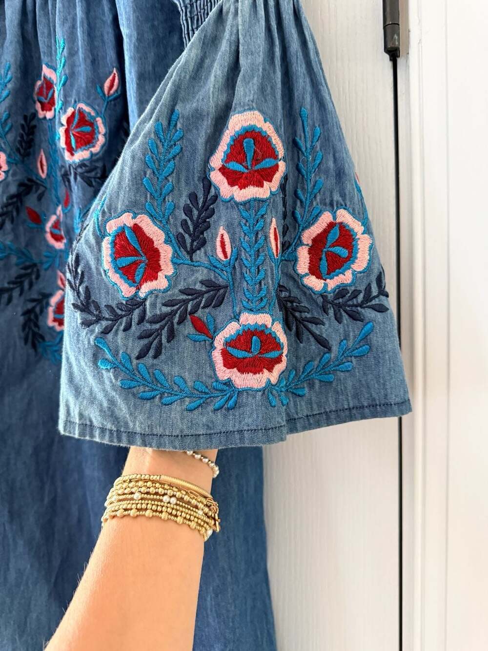 A&A Boho Off-The-Shoulder Embroidered Chambray Bell Sleeve Dress - Picture 3 of 5